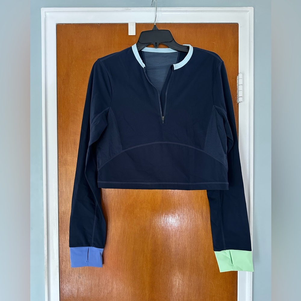 Sweaty Betty Navy Power Half Zip Crop Workout Top with Colorful Cuffs